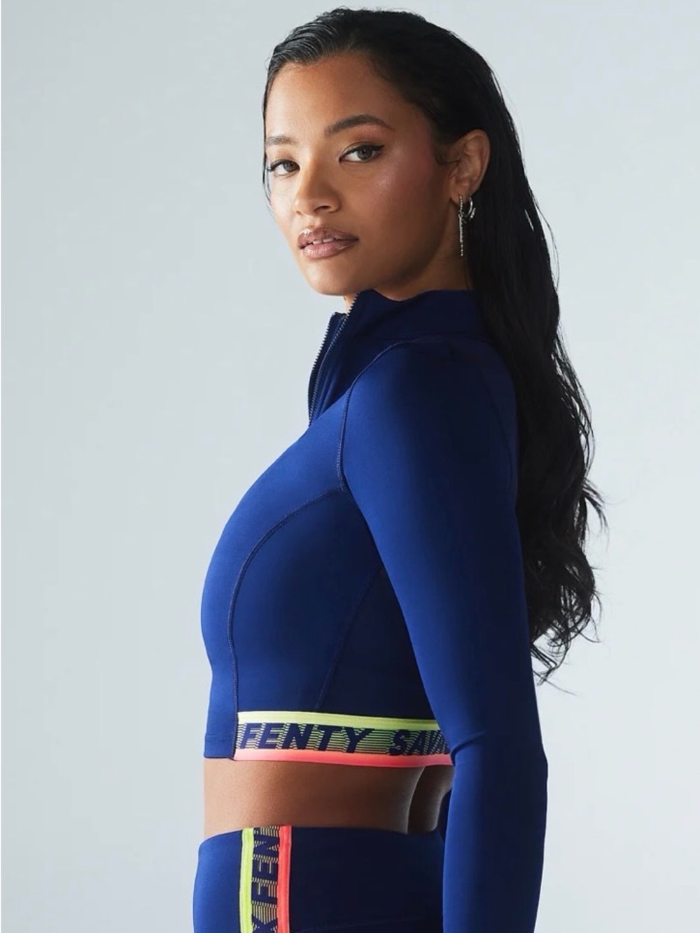 Savage X Fenty Royal Blue Zip-Front Crop Top with Yellow Elastic